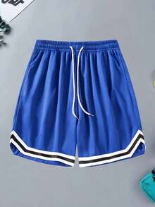Men's Summer Drawstring Elastic Sports Basketball Shorts, Breathable Quick-Dry Mesh Fabric Knee Length - Blue - View 2