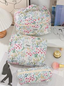1 Peça/Conjunto Nécessaire de Maquiagem com Flores Frescas, Estilo com Zíper Acolchoado com Estampa Floral Rosa e Planta Verde, Grande Abertura, Portátil para Viagem. Necessaire de Maquiagem Pequena para Carregar na Mão. Nécessaire para Lavar no Banheiro, Bolsa de Armazenamento de Joias, Bolsa de Armazenamento de Produtos de Beleza, Bolsa de Armazenamento de Pincéis