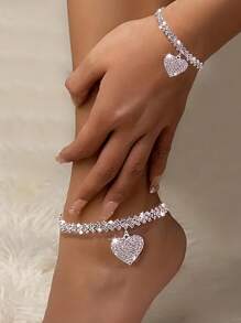 2Pcs Rhinestone Rhombus Beach Bracelet Anklet Set For Women, Simple Chic Crystal Heart Pendant