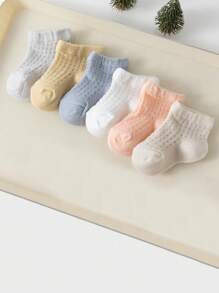 6 Pairs Infant Baby Solid Color Breathable Mesh Socks, Suitable For Baby To Wear In Spring And Summer