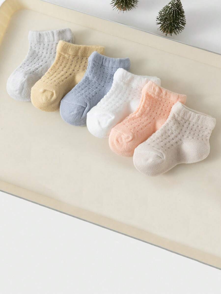 6 Pairs Infant Baby Solid Color Breathable Mesh Socks, Suitable For Baby To Wear In Spring And Summer
