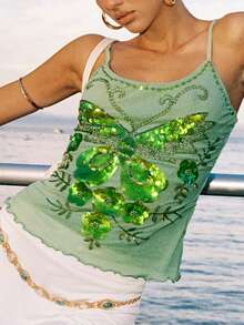 Women Y2k Crop Cami Tops Summer Sparkly Sequins Butterfly Camisoles Sleeveless Ruffle Trim Hem Spaghtti Strap Slim Fit Tank Tops Vintage Mesh Patchwork Going Out Tops Fairy Grunge Aesthetic Clothes Streetwear 90s - 綠色 - 查看 5