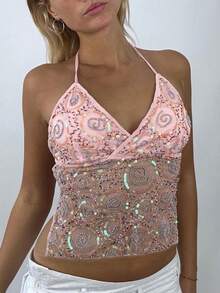 Summer Sequin Tops For Women Y2k Halter Crop Cami Tops Sparkly Spaghtti Strap V Neck Backless Sexy Tank Tops Sheer Mesh Camisole Top Sexy Going Out Tops Vintage Clubwear Aesthetic Clothes 2000s - 粉色 - 查看 5