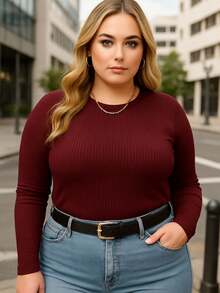 Plus Size T-Shirt Long Sleeve Ribbed Blouse Autumn Winter Moms Cold Versatile Comfortable Casual Style - 酒紅色 - 查看 4