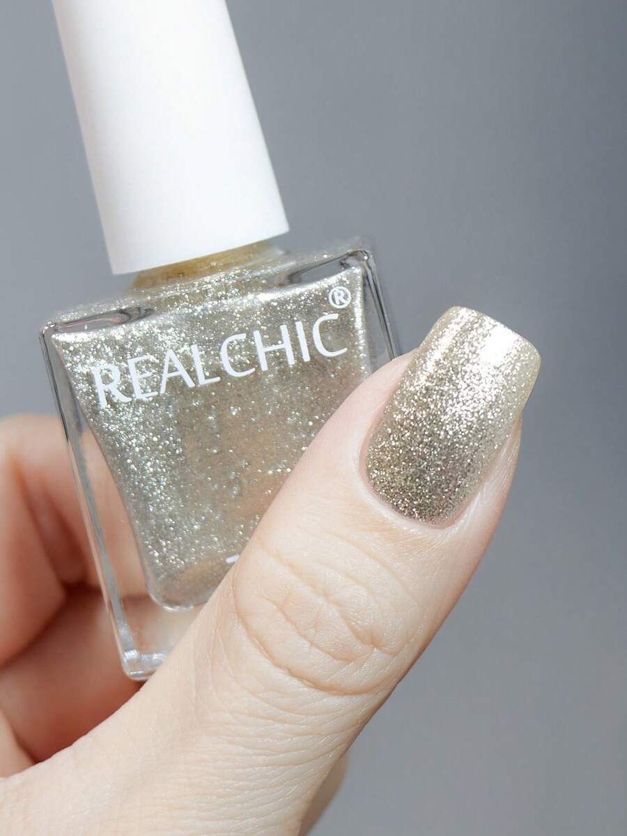 REALCHIC 10毫升/瓶 香槟金闪亮铂金亮片水性指甲油，快干，持久，可撕除，婚礼美甲，适合女性和女孩，美甲沙龙专业使用，春夏美甲