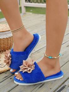 四季毛绒拖鞋，带蝴蝶结的温暖室内毛皮拖鞋，适合春、夏、秋、冬的白色保暖拖鞋 - 卡其色 - 查看 4