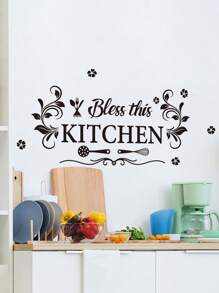 1pc Creative English Letters Flower Kitchenware Decoration Kitchen Background Wall Stickers Durable Waterproof PVC Stickers Self-Adhesive And Easy To Peel Suitable For Kitchen Dining Room Living Room Wall Decoration Home Decoration Make Your Life A New Holiday Decoration Stickers Birthday Graduation Gifts