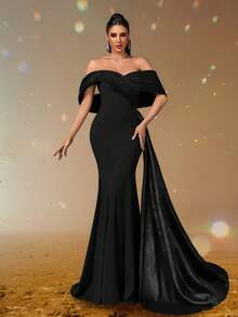Smilprince Black Off-Shoulder Fishtail Evening Dress With Draped Shoulder Cape And Train, Elegant Mermaid Gown, Formal Evening Dress, Wedding Guest Dress, Prom Dresses For Women,Elegant Gown,Luxury Dress,Party Gown,Long Formal Dress - Black - View 5