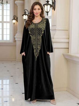 Svart Flockad Broderi Mode Elegant Klänning Lös Casual Marockansk Kaftan Klänningar