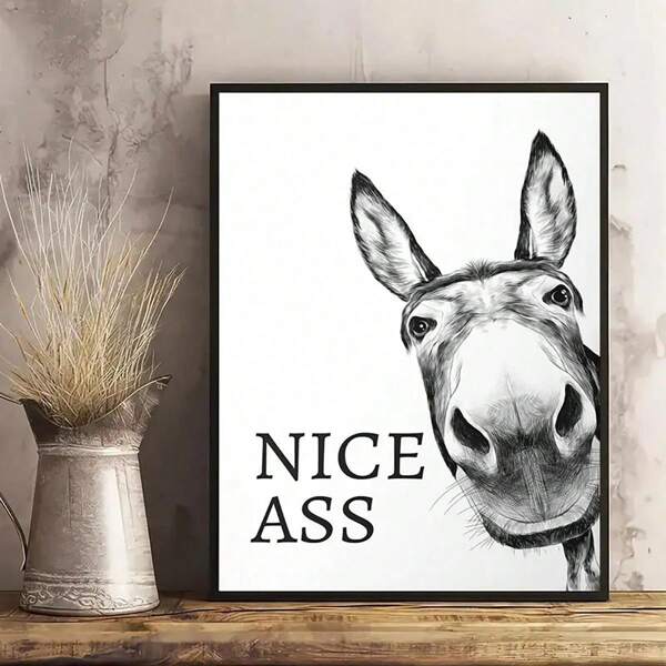HALFLEMART 1pc Vintage Art Canvas Poster, Funny Animal Donkey Painting OnCanvas, Wall Art Poster, Artwork Wall Painting For Bathroom ToiletHome Wall Decor, Optional Frame , Halloween Decoration
