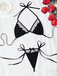 2pcs/1set Contrast Lace Cute Maid Sexy Lingerie,Black Anime Style Sexy Lace Trim Maid Outfit Bra & Thong - Bedroom Cosplay,Honeymoons, Music Festival,Pajama Party