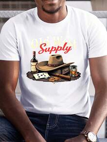 Cowboy Whiskey Old West Supply 180g Pure Cotton Men's Tshirt Comfort Fit - 白色 - 查看 1