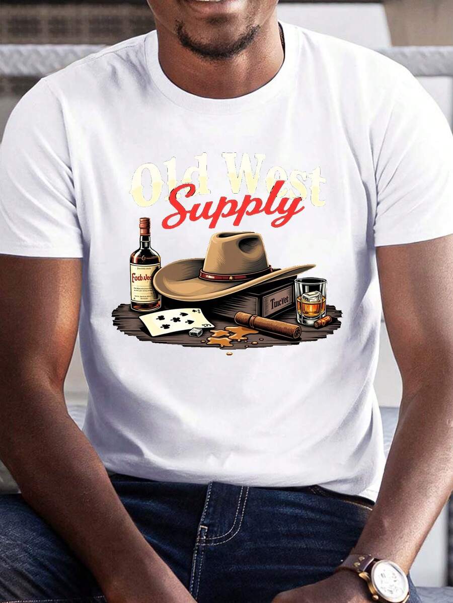 Cowboy Whiskey Old West Supply 180g Pure Cotton Men's Tshirt Comfort Fit - 白色 - 查看 1
