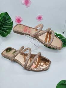 Sandalia plana de mujer para fiestas o casuales con diamante de imitación, combina un outfit perfecto para los eventos ,mas importantes bodas , Xv y mas, úsalos hasta en la oficina, no dejes pasar esta oportunidad - Oro rosa - Ver 2