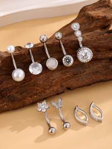 Conjunto de 9 piezas de barra invertida de acero inoxidable, perla, mariposa, pentagrama para piercing en el ombligo, diseño minimalista básico, adecuado para uso diario - Plateado - Ver 3