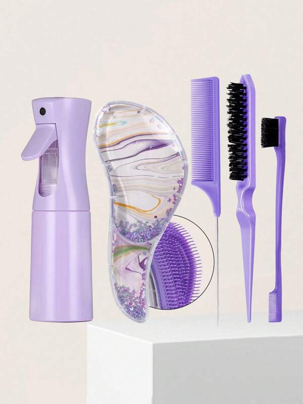 4/5pcs Large Detangling Hair Brush Set, (6.8oz/200ml)Continuous Fine Mist Water Spray Bottle, Detangling Brush For Adults Use In Wet And Dry Hair, Teasing Brush Rat Tail Comb Edge Brush For Hairstyling, Colorful Spring And Summer(Pink, Purple, Blue, Green, Yellow)