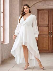 Plus Size Elegant Solid Color Fitted Long Sleeve A-Line Maxi Chiffon Dress, Formal Wedding Gown - White - View 2