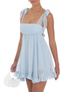 Women's Babydoll Mini Dress Tie Shoulder Backless Bow Party Summer Sundress Flowy Short Graduation Dress - Màu xanh lam - Xem 3