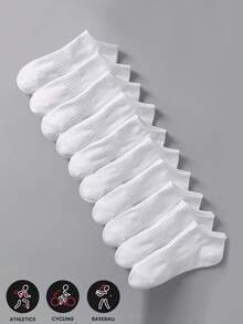 10 Pairs Men & Women Fashion Minimalist White Ankle Socks, Elastic, Suitable For All Seasons, Couples Style
