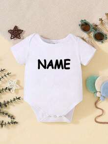 [Customized] Personalized Name Print Baby Girl Bodysuit, Cute Casual, - Black, Round Neck, Suitable For All Seasons, Fashionable And Casual