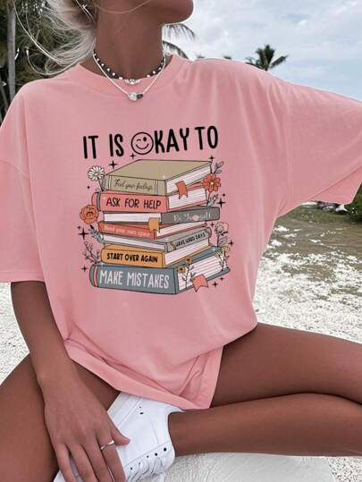 Back To School Casual Printed Round Neck Short Sleeve T-Shirt For Girls, Summer - "Love Learning, Love Books" Graphic Tee With Artistic Style To Inspire Imagination And Self-Expression, Kids Girls Summer Tops, Tween Girl Clothes