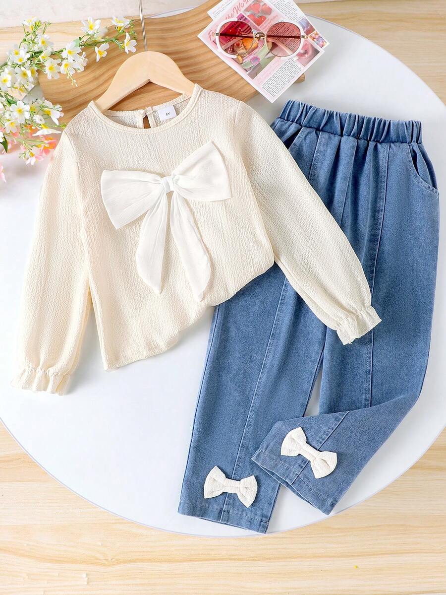 Set de 2 piezas de top de manga larga con lazo y pantalones vaqueros para niña, para primavera/otoño - Albaricoque - Ver 1