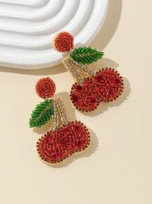 1 Pair Handmade Beaded Cherry With Rhinestones Earrings, Sweet And Fashionable For Women
