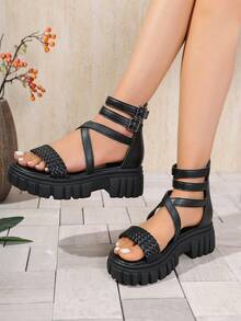 罗马凉鞋 女式时尚拉链镂空百搭舒适编织凉鞋，2025 年夏季 - 黑色 - 查看 5