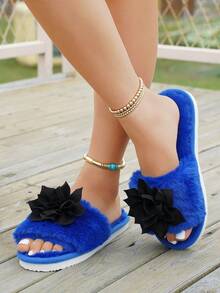 四季毛绒拖鞋，室内家居保暖蓬松拖鞋，带蝴蝶结装饰，适合春、夏、秋、冬的保暖拖鞋 - 黑色 - 查看 5