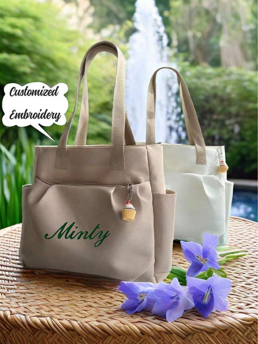 Personalized Embroidery Nylon Shoulder Bag, Simple Fashion Handbag, Multifunctional Commuter Large Capacity Handbag - Multicolor - View 1