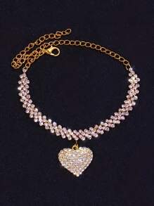 2Pcs Rhinestone Rhombus Beach Bracelet Anklet Set For Women, Simple Chic Crystal Heart Pendant