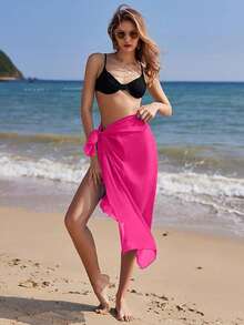 1pc Women Solid Color Long Chiffon Sarong, Faux Silk Beach Cover Up, Sexy Bikini Wrap, Simple Elegant Beach Scarf Dual-Use, Suitable For Travel, Vacation, Daily Wear