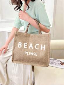 Túi tote vải lanh dung tích lớn với họa tiết chữ "Beach" (bãi biển), túi mua sắm cỡ lớn tiện dụng, túi xách tay quai vải lanh, túi đựng đồ đa năng, túi quà tặng cá nhân hóa, thích hợp cho du lịch, mua sắm, kỳ nghỉ, tựu trường, tiệc tùng, và là món quà lý tưởng cho Ngày của Mẹ, sinh nhật, Ngày Nhà giáo, kỷ niệm, ngày lễ và các bữa tiệc. - Màu Khaki - Xem 2