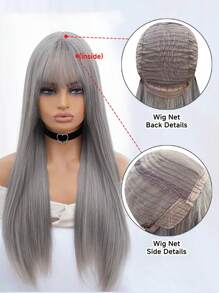 1-Piece Synthetic Heat Resistant Straight Hair With Bangs Princess Cut Wine Cyan Or Grey 26 Inch Fully Machine Woven Daily Natural Realistic Wig