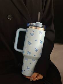 1 件 40 盎司-14 盎司不锈钢真空隔热旅行杯，带手柄、心形和蝴蝶结装饰，大容量保温/保冷杯，适用于汽车、学校、办公室、户外、健身房、家庭、女性和青少年礼物、节日礼物、生日礼物（带吸管） - 彩色 - 查看 9