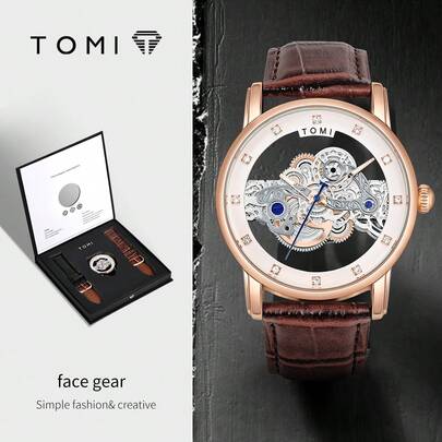  Đồng hồ đeo tay thạch anh TOMI 1 chiếc hộp thời trang nam dây da đính đá rỗng, thích hợp cho cuộc sống hàng ngày, lễ hội, quà tặng, sinh nhật, giáng sinh, năm mới