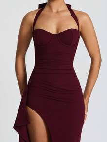 露背紧身长款派对礼服女式伴娘礼服 - 酒紅色 - 查看 6