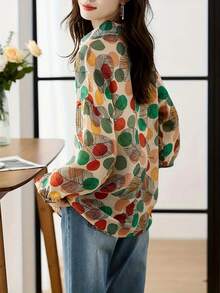 女式波尔卡圆点印花长袖衬衫，正面全纽扣，翻领，长袖上衣 - 彩色 - 查看 5