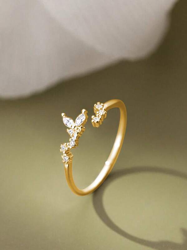 1pc Delicate Japanese Style Luxurious Butterfly Zirconia Ring, Elegant & Feminine
