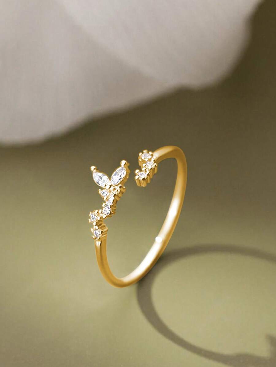 1pc Delicate Japanese Style Luxurious Butterfly Zirconia Ring, Elegant & Feminine