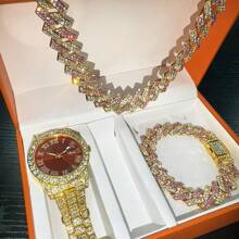 Set de joyería de 3 piezas estilo europeo y americano hip-hop con diamantes completos, reloj, collar y pulsera con rhinestones, correa de metal y calendario, regalo para estudiantes hombres y mujeres