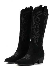 New Retro Embroidered Boots, Casual Western Style Boots, Thick Heel Anti-Slip Mid-Calf Boots, Comfortable & Versatile Riding Boots, Autumn/Winter,Cowboy Boots