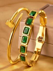 2 pièces Bracelets-joncs élégants et classiques avec zirconias carrés colorés, bracelets-joncs en acier inoxydable avec zirconias cubiques 5A sertis en forme de trèfle, idéaux pour les anniversaires, les fêtes, les cadeaux de la Fête nationale d'Arabie saoudite pour les femmes, les filles et les mères