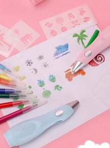 1 pieza Nuevo bolígrafo rociador creativo con 12 pinceles, 4 plantillas para colorear y 19 plantillas de rociado
