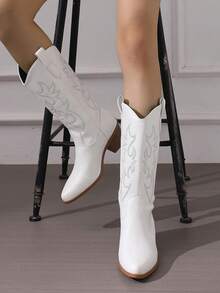 White Cowboy Boots Women Comfortable Retro Pull On Pointed Toe Wide Calf Long Chunky Heel Coastal Cowgirl Jaripeo Boots Country Concert Festival Shoes - 白色 - 查看 9