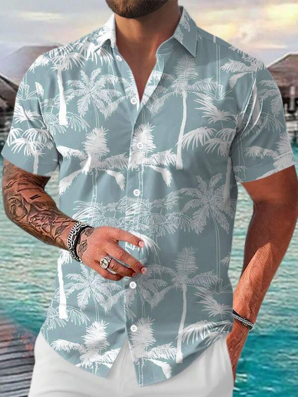 Mature Vacation Palm Tree Print Short Sleeve Casual Shirt