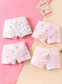 4pcs Girls Cute Cherry Bow Cartoon Print Briefs, All Season