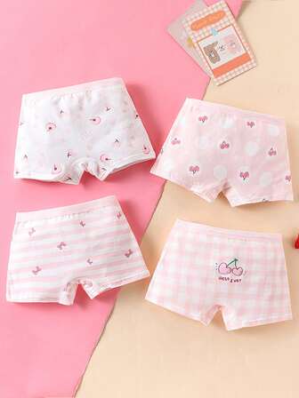 4pcs Girls Cute Cherry Bow Cartoon Print Briefs, All Season