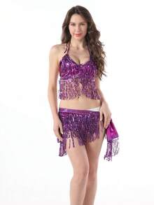 新款女式肚皮舞服装亮片流苏舞蹈表演服舞台表演比赛服装舞蹈配饰 - 彩色 - 查看 9