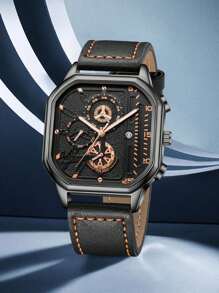 1 peça Relógio de Homem com Pulseira de Couro PU Preto, Fashionable Business Classic Mostrador Retangular Digital de Escala Quartzo, Adequado para Combinação de Roupa Diária, Presente de Férias Perfeito